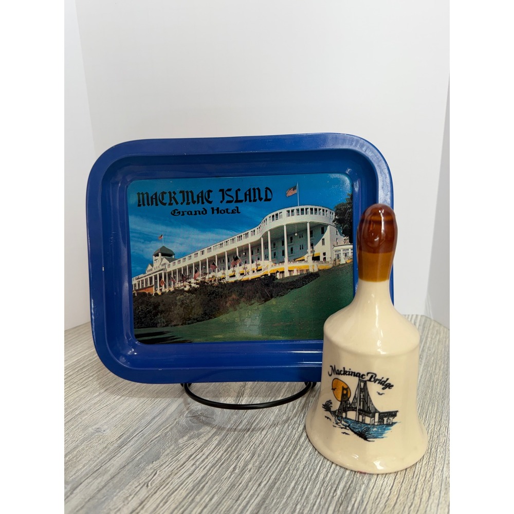 Bundle - VTG Blue Mackinac Island Grand Hotel Tray & Cream Mackinac Bridge Bell